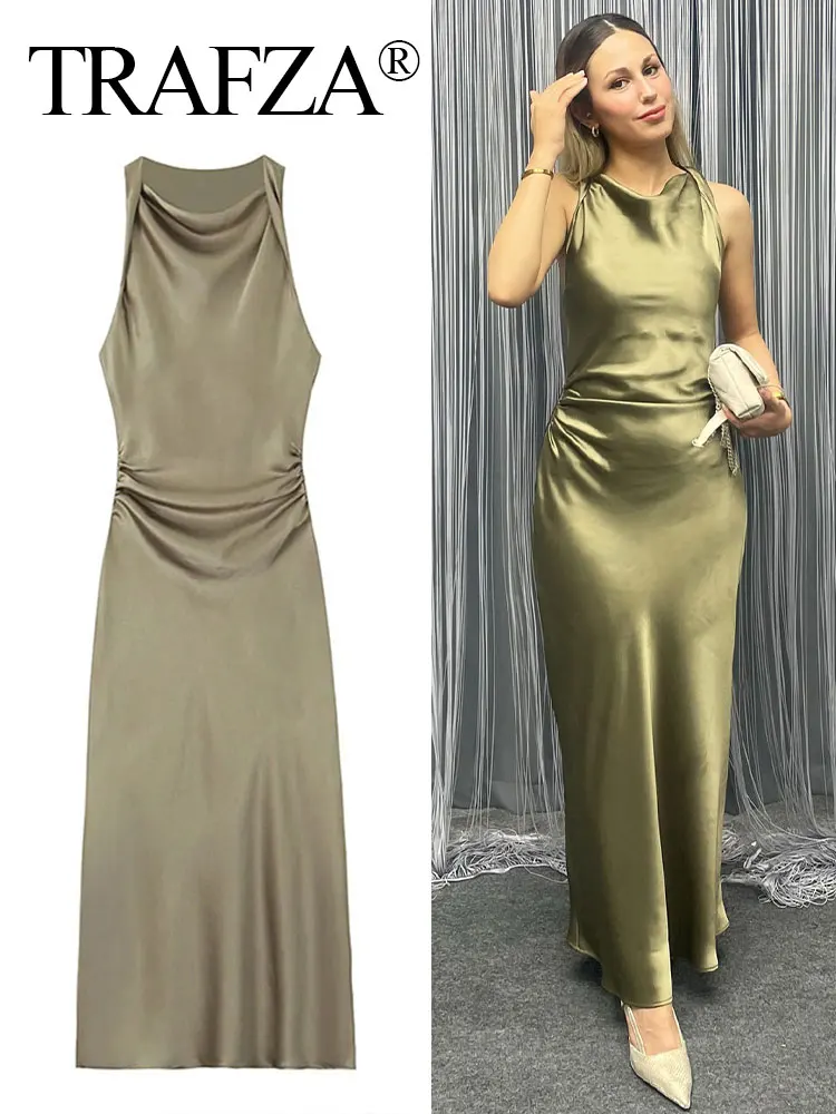 TRAFZA abito estivo per donna 2024 raso di seta strutturato o-collo senza maniche vita pieghettato abiti lunghi Slim abito elegante Vestidos