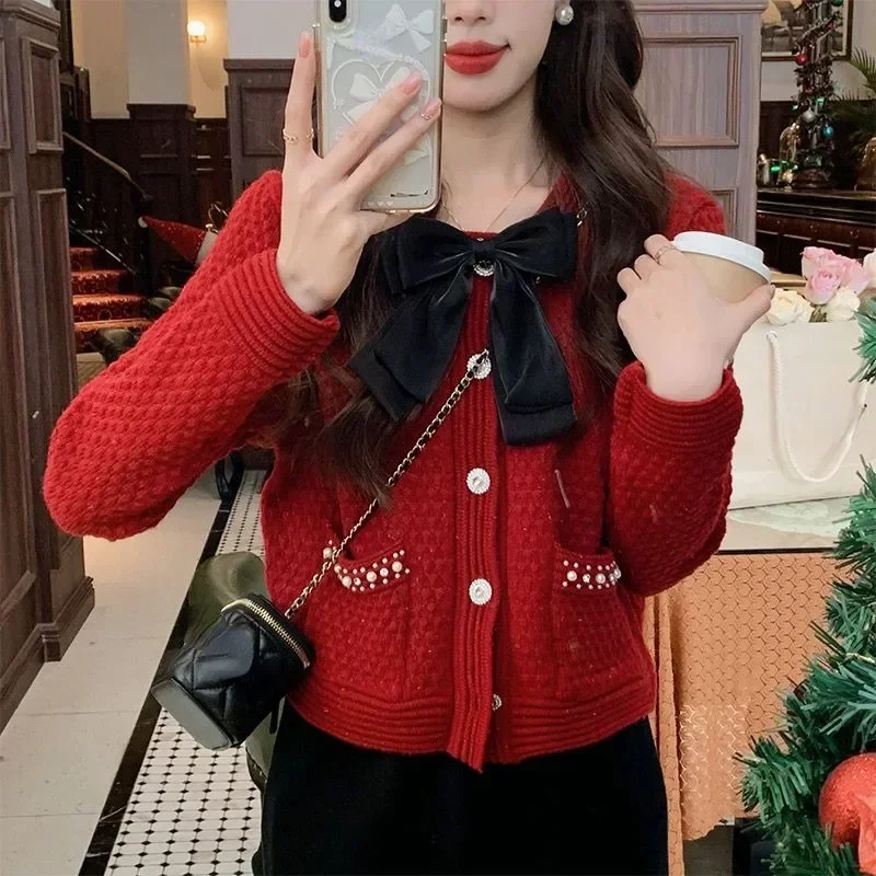 New Single Breasted Cardigans Neploe Thicked Warm O-neck Bow Knitted Tops Women Y2k Long Sleeve Sweaters Coat 2024 Autumn Winter