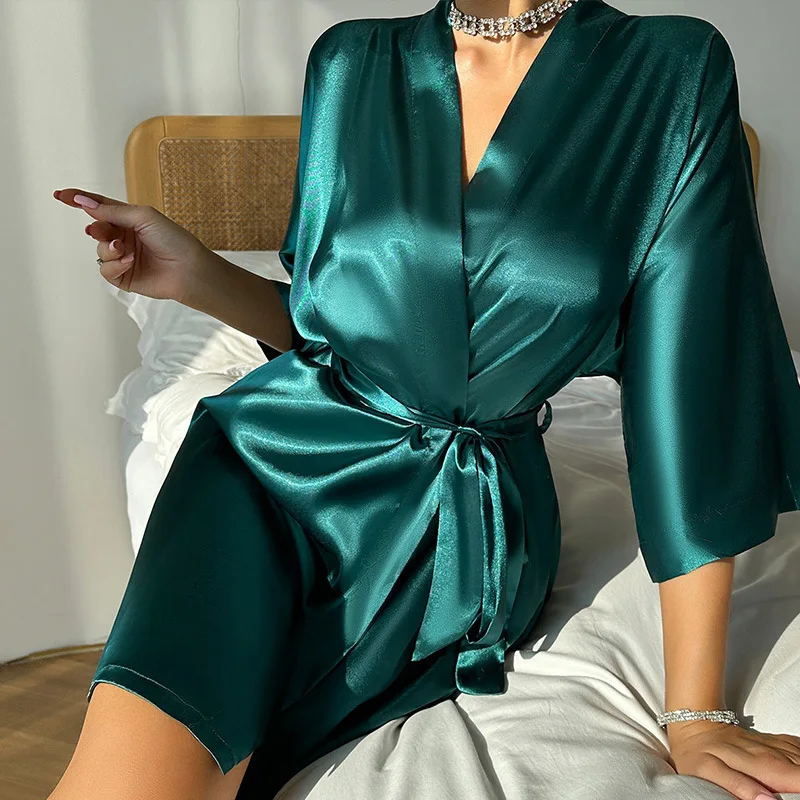 Women\'s Robe Sleepwear Spring Summer Satin Kimono Bathrobe Gown Sexy Green Short Nightgown Intimate Lingerie Casual Home Dress