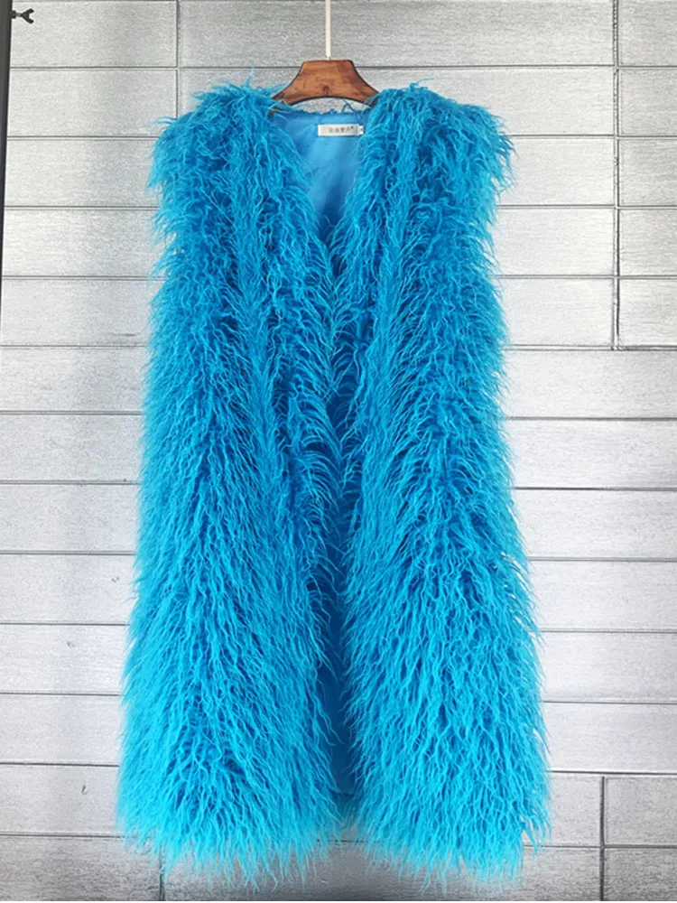 ZADORIN High Street 100cm Winter Long Fluffy Faux Sheep Fur Vest Women Korean Fashion Colorful Sleeveless Faux Fur Jacket Pink
