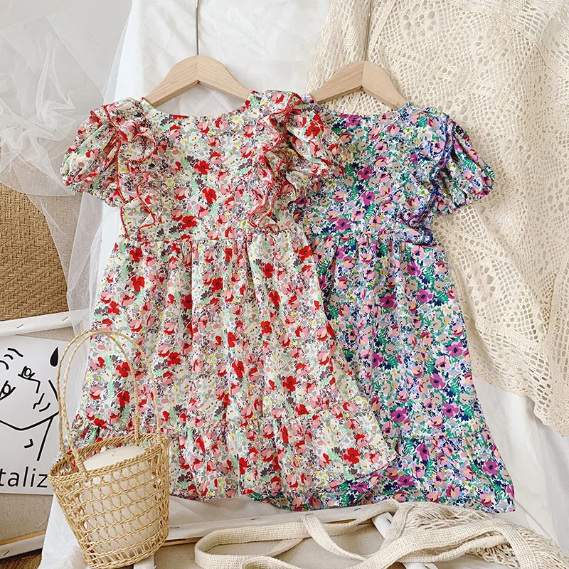 

Baby Girls Summer Floral Dress Elegant Temperament O-neck Puff Sleeve Ruffles Lace Up A-line Princess Dresses Vestidos 2-6Y