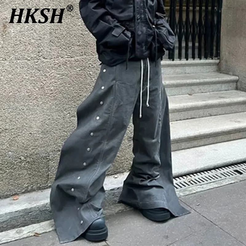 HKSH Herbst Winter Neue männer Flut Breite Bein Denim Hosen Kordelzug Schmutzig Farbstoff Silhouette Zweireiher Jeans Trendy Chic HK3388