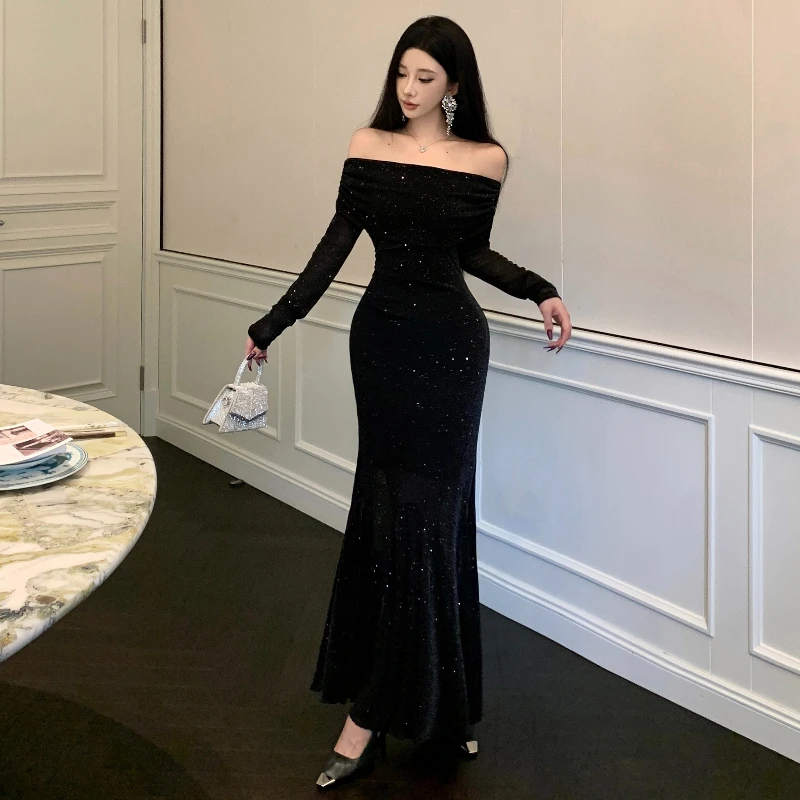 High-end กระชับ Sheath Bodycon ชุดนางเงือกผู้หญิงอินเทรนด์แขนยาวปิดไหล่ชุดฤดูใบไม้ร่วงชุดวันเกิด