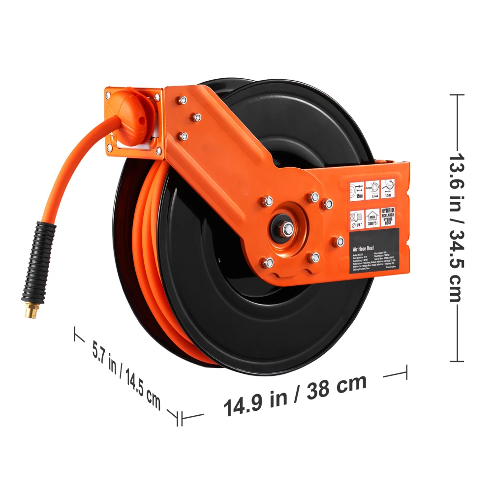 Retractable Air Hose Reel:3/8INx50FT Hybrid,Max300PSI,5ft Lead,Ceiling/Wall Mount HD Steel Reel