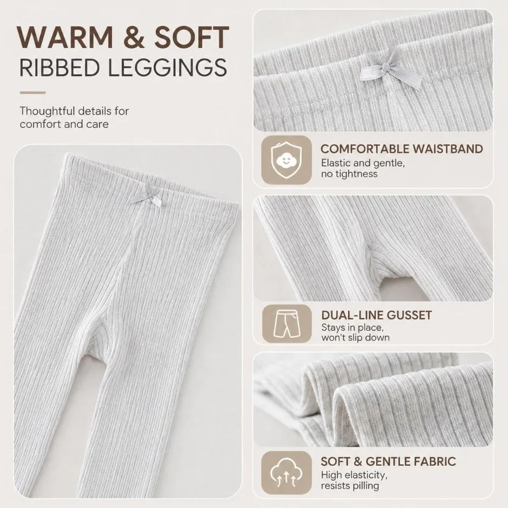 Slim-Fit Girls Bow Leggings Striped Stretchy Kids Ribbed Tights Skin-Friendly Soft Fabric Children Ankle Pants