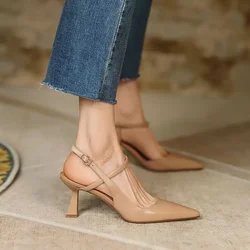 Zapatos de tacón alto de punta estrecha para mujer, sandalias Beige con hebillas, cómodas, para verano, 2024