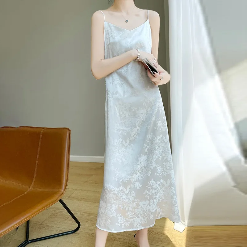 프렌치 아세테이트 새틴 V넥 스트랩 여성용, 봄과 여름 신상 자카드, 슬림 롱 드레스