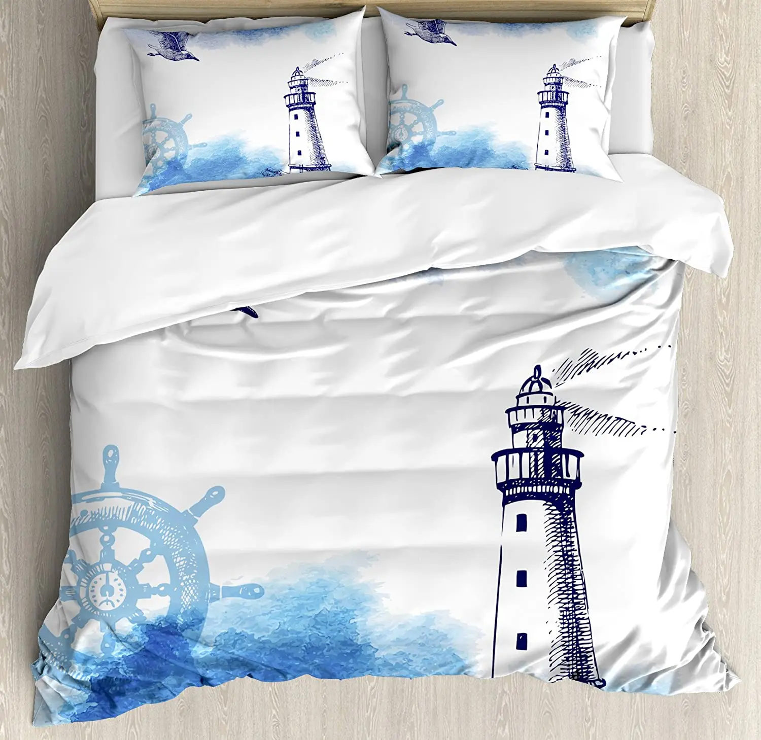 

Lighthouse Bedding Set For Bedroom Bed Home Nostalgic Watercolors with Gull Ancient Anchor Duvet Cover Quilt Cover Pillowcase