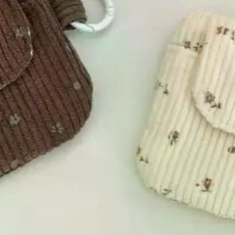 Cute Corduroy Coin Purse With Floral Print And Heart Snap Button Perfect For Holding Coins Lipsticks Earphones Daily Use