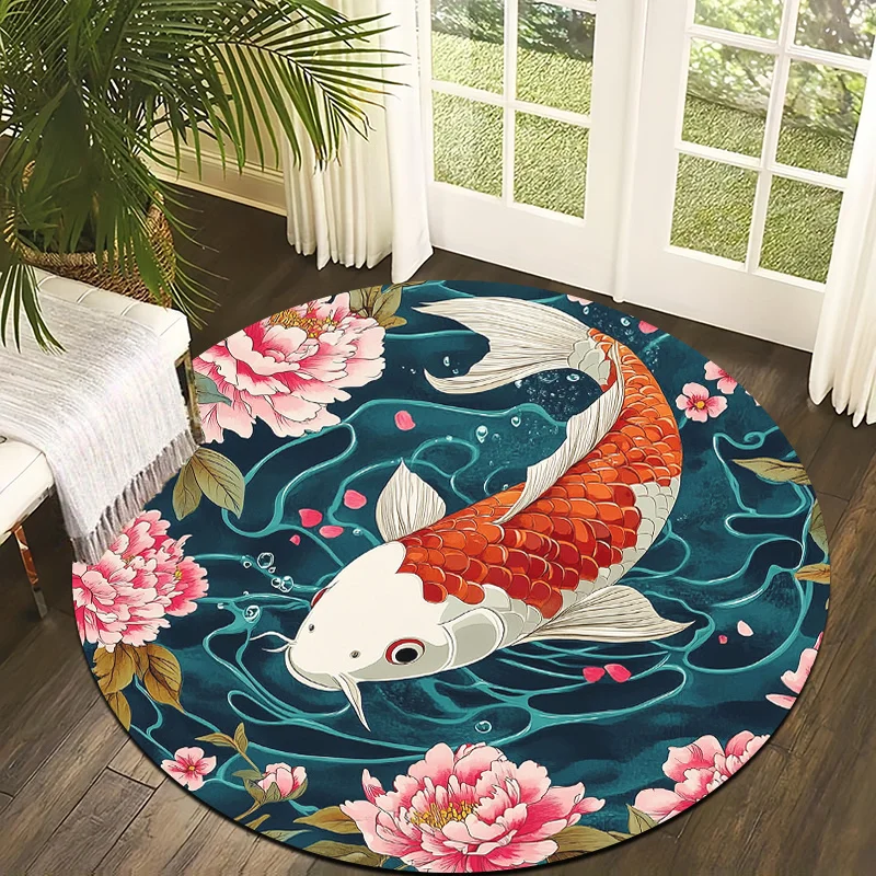 Koi carp and peony Flannel-printed round floor mats are slip-resistant Suitable for living room bedroom terrace garden carpets