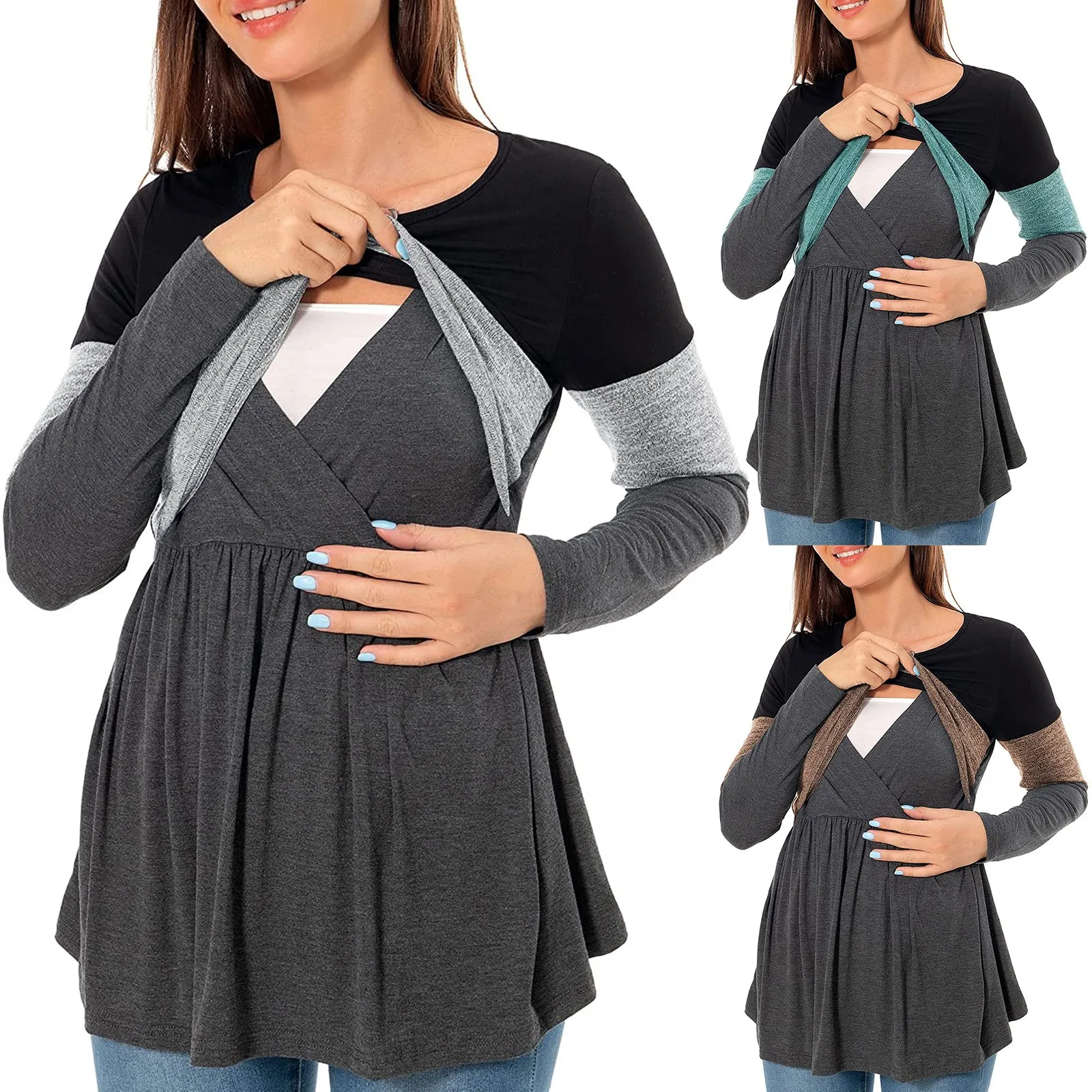 Maternity Nursing T Shirt Pregnant Womens Long Sleeve Patchwork Nursed Tops Blouse For Breastfeeding Pregnancy Clothes Pullover