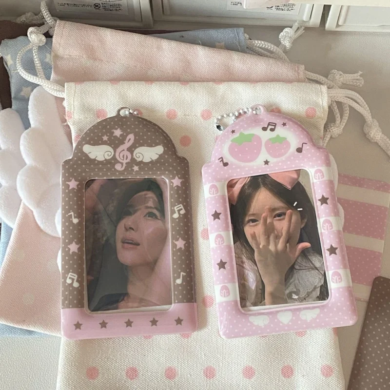 INS Sweet Pink Strawberry Photocard Holder Keychain Notes Wings Card Cover Display Pendant 3 Inch Idol Photo Storage Case DIY