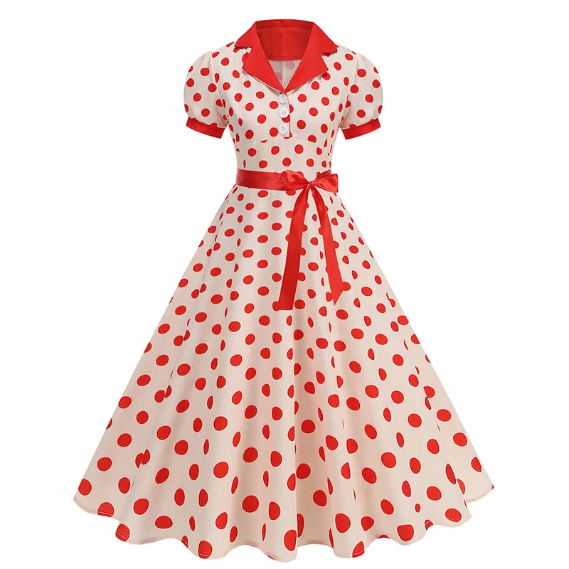 Polka Dot Sommer Kleid Frauen Vintage V-ausschnitt A-Line Casual Party Robe Puff Kurzarm Femme