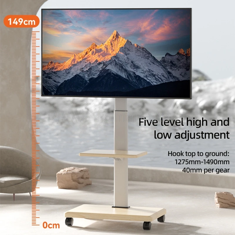 55インチ、65インチ、75インチスクリーン対応 モバイルフロアマウント モダン木製テレビスタンド ローリングカート トレイ付き 360度回転ホイール 省スペース リビングルーム用