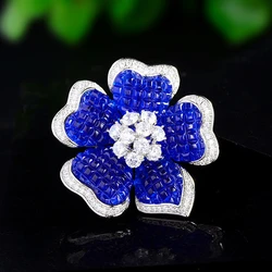 Beautiful Elegant Blue Glazed Flower Brooch Inlaid with Zircon High-grade Retro Clothing Accessories Holiday Gifts to Friends