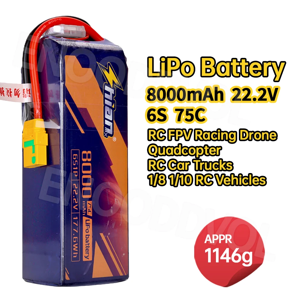 

8000mAh 22.2V Lipo Battery 6S 75C with T XT60 Plug for RC Car Truck RC Vehicles Boat Drone RC Airplane Quadcopter Helicopter FPV
