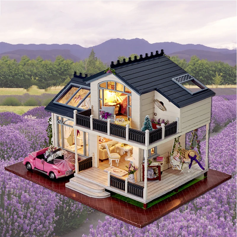 DIY Wooden Casa Doll Houses Miniature Building Kits Provence Lavender Dollhouse With Furniture Lights for Girls Birthday Gifts