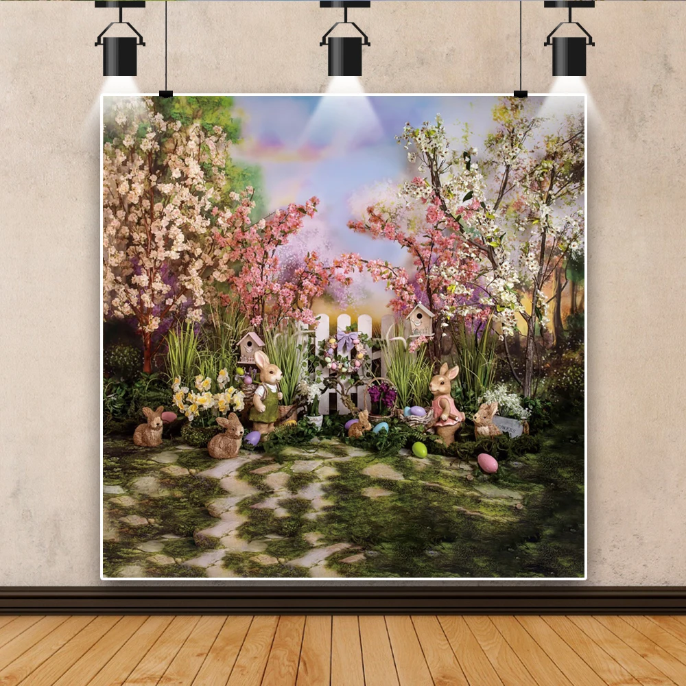 Fondo de Pascua de primavera para fotografía conejito huevos flor Baby Shower fiesta de cumpleaños fondo de fotografía Interior