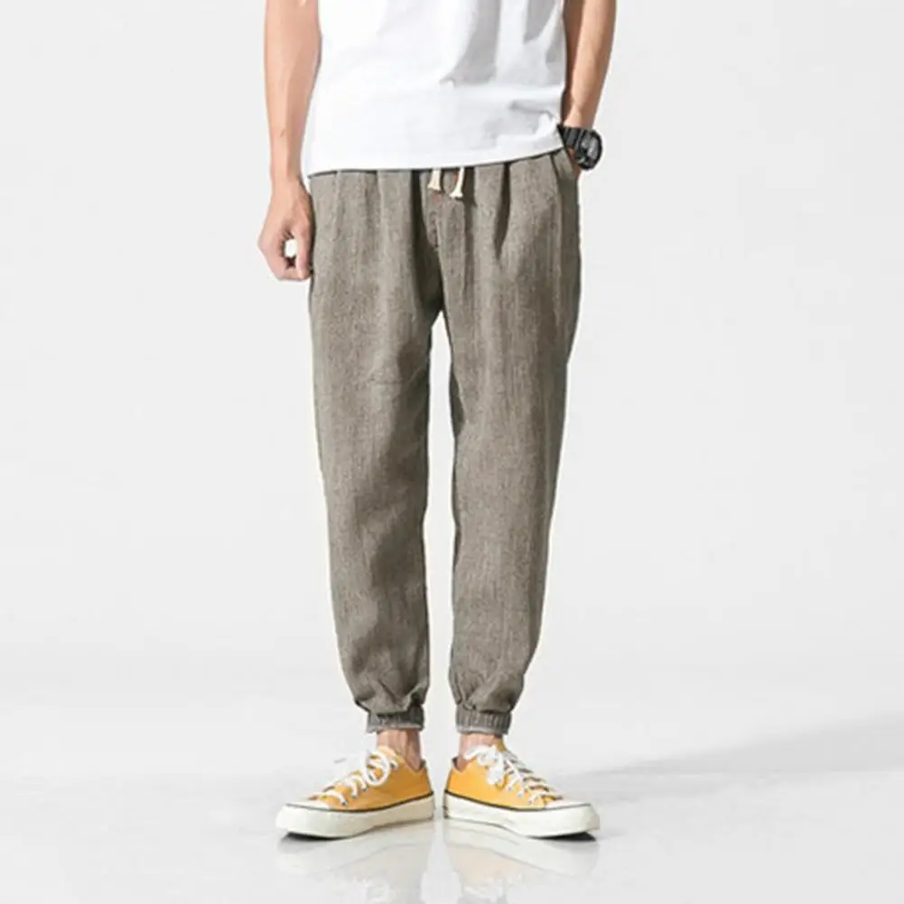 Spring Fall Men Bloomers Harem Pants Loose Drawstring Elastic Waist Pockets Deep Crotch Ankle-banded Solid Color Sport Trousers