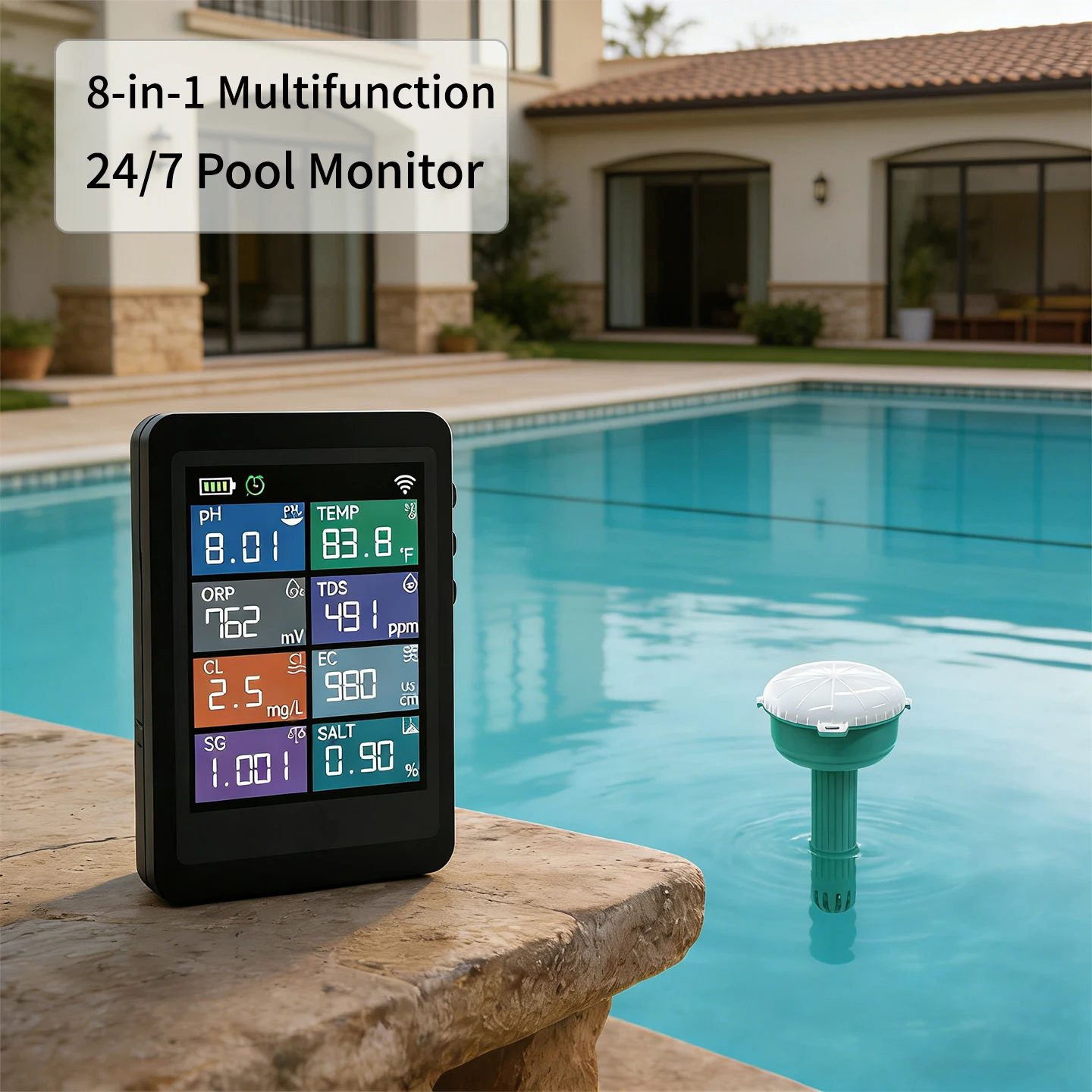 Digital Pool Water Tester, 8-in-1 Smart Floating Meter for PH, ORP, CL, SG, TEMP, TDS,Salinity, EC