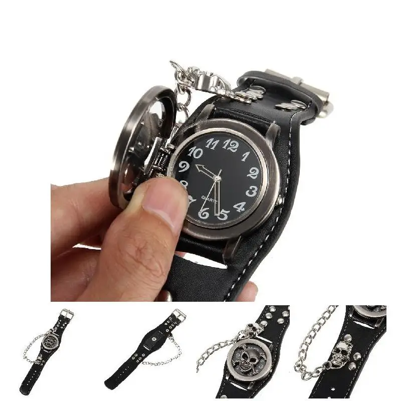 ساعة كوارتز جمجمة عصرية على طراز فاسق وغطاء جمجمة وسلسلة حزام وزجاج شفاف ومرآة ساعة مناسبة للرجال كهدية