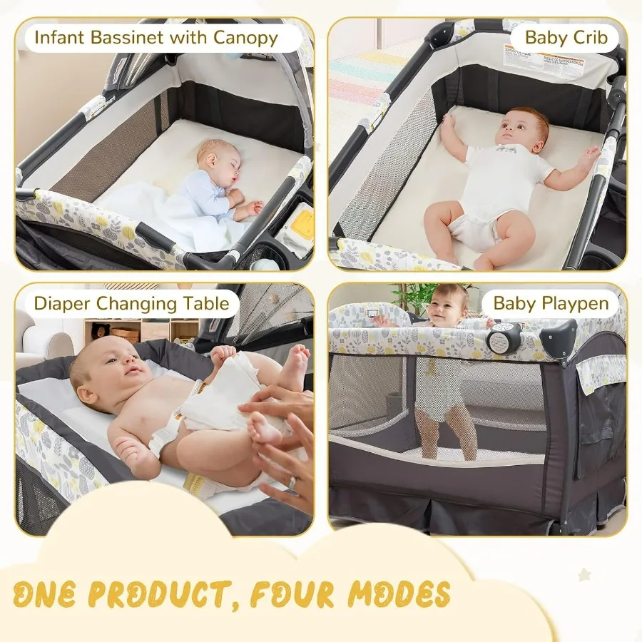 Pack and Play, 4 in 1 Portable Baby Crib w/Bassinet, Changing Table, Canopy, Mattress, Music Box, Storage Bag, Foldable Pack and