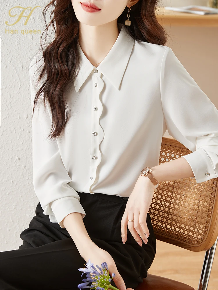 H Han Queen New Arrival Commuter Chic Shirt Womens Blouse Vintage Work Casual Tops Chiffon Blouse Elegant Loose Business Shirts