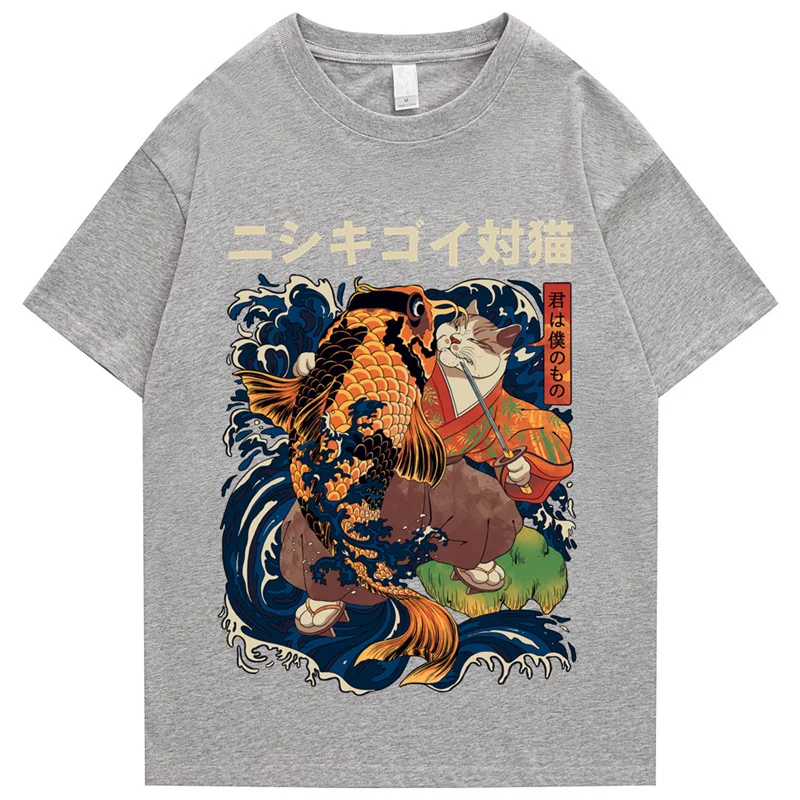 ヒップホップストリートスタイル原宿tシャツ猫は魚のプリントtシャツ2022メンズ夏の半袖tシャツ綿ルーズトップtシャツ