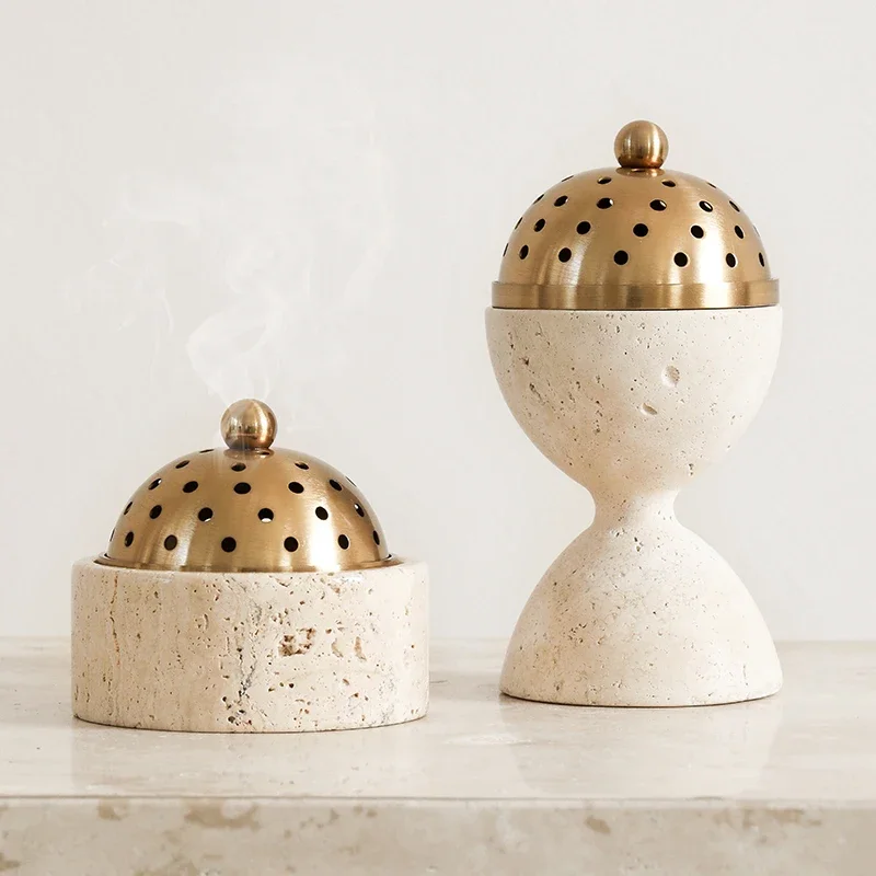 

Travertine Mabkhara Burner Luxury Oud Mubkhar Censer Natural Marble Incense Bakhoor Burner with Brass Cover