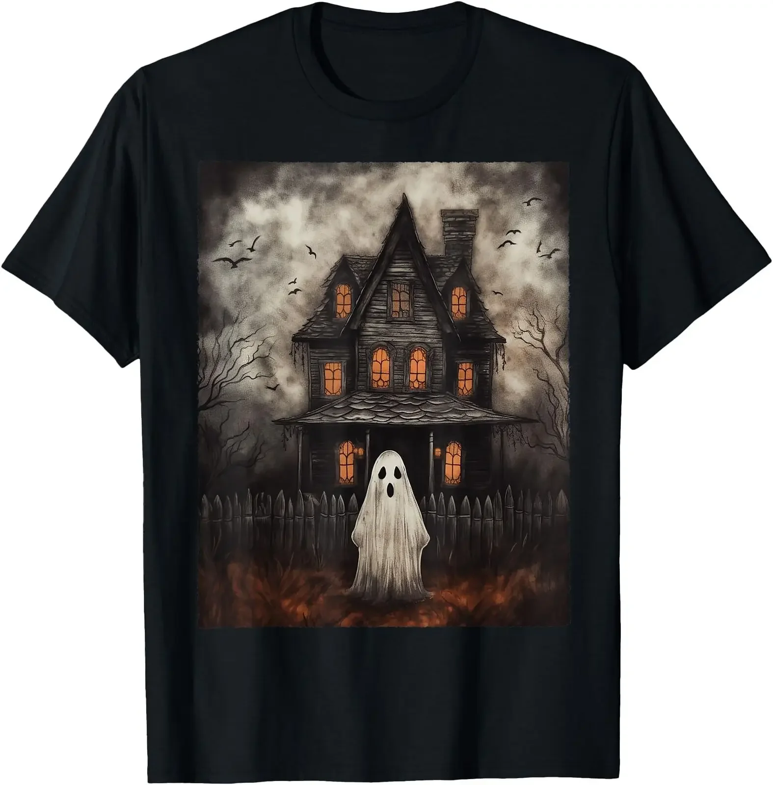 Vintage Ghost Haunted House Midnight Halloween Ghost Spooky T Shirt Men