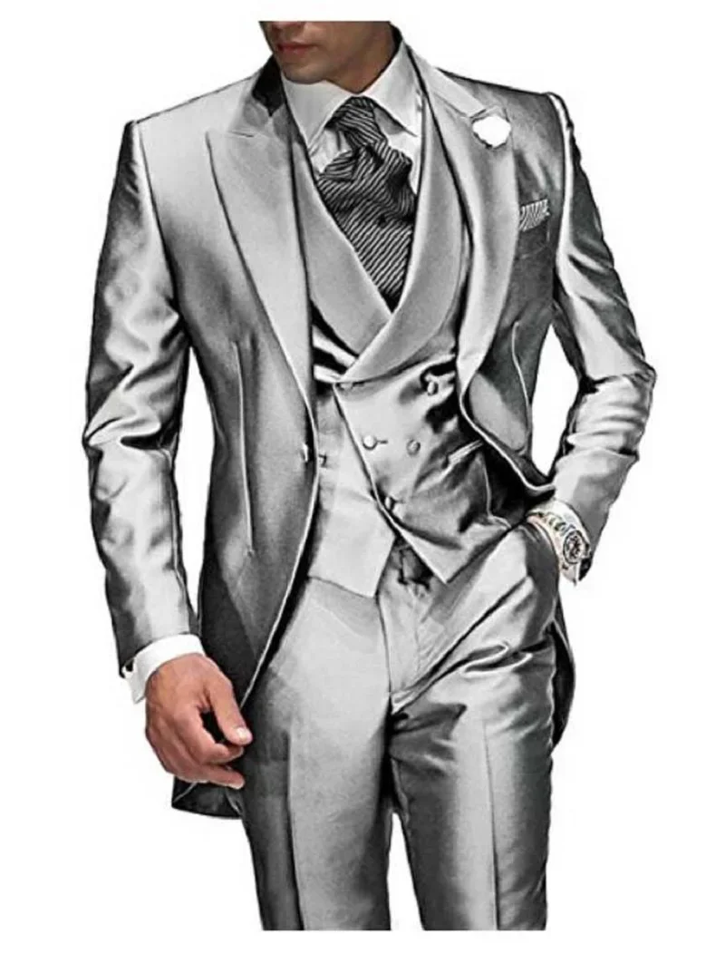 Charcoal Grey Men\'s Suit Peaked Lapel 3 Pieces 1 Button Groom Tuxedos Wedding Suit For Men Set Custom Made(Jacket+Pants+Vest)