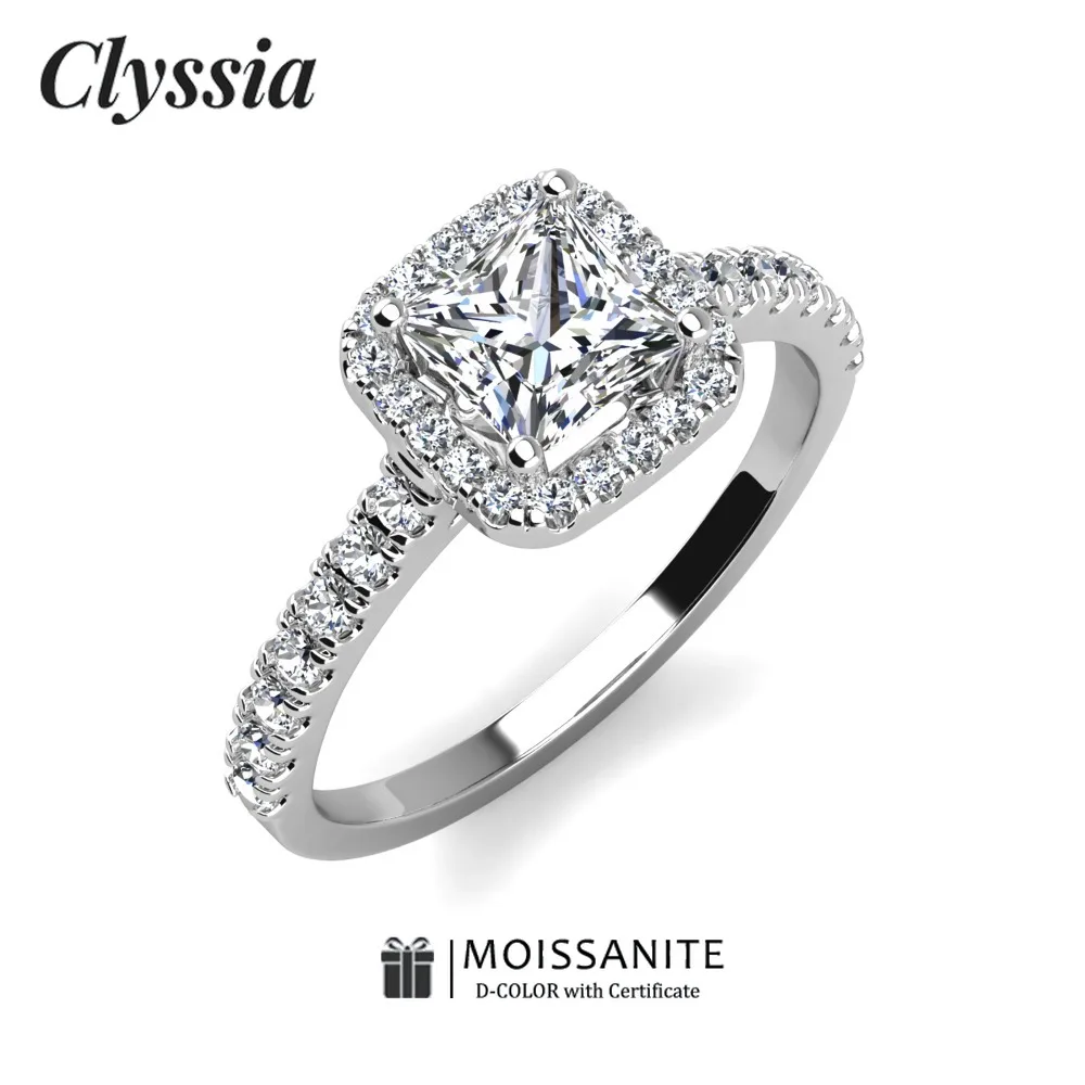 

CLYSSIA Elegant 925 Sterling Silver 18k White Gold Plated Cushion Cut Moissanite Ring Fine Jewelry Engagement Gift for Her