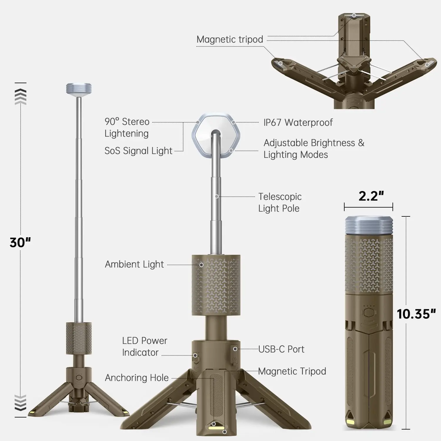 Telescopisch en inklapbaar nachtlampje, mobiele verlichting, 10500 mAh batterij, ingebouwd magnetisch weglicht, campingflitser