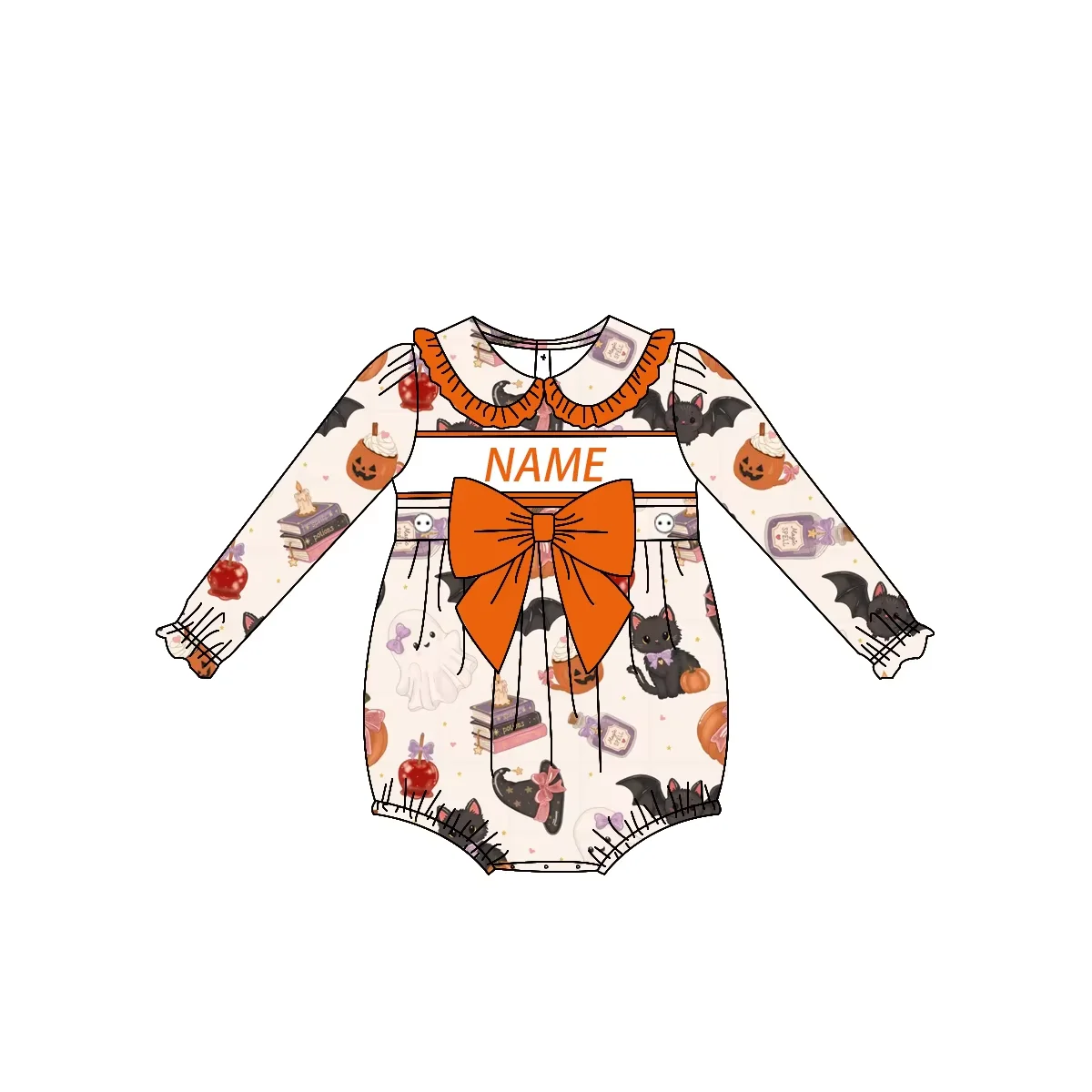 Customize Name Baby Girl Halloween Witch Black Cat Ghost Pumpkin Print Boutique Romper Ruffle Collar Bow Long Sleeve Bubble Outf