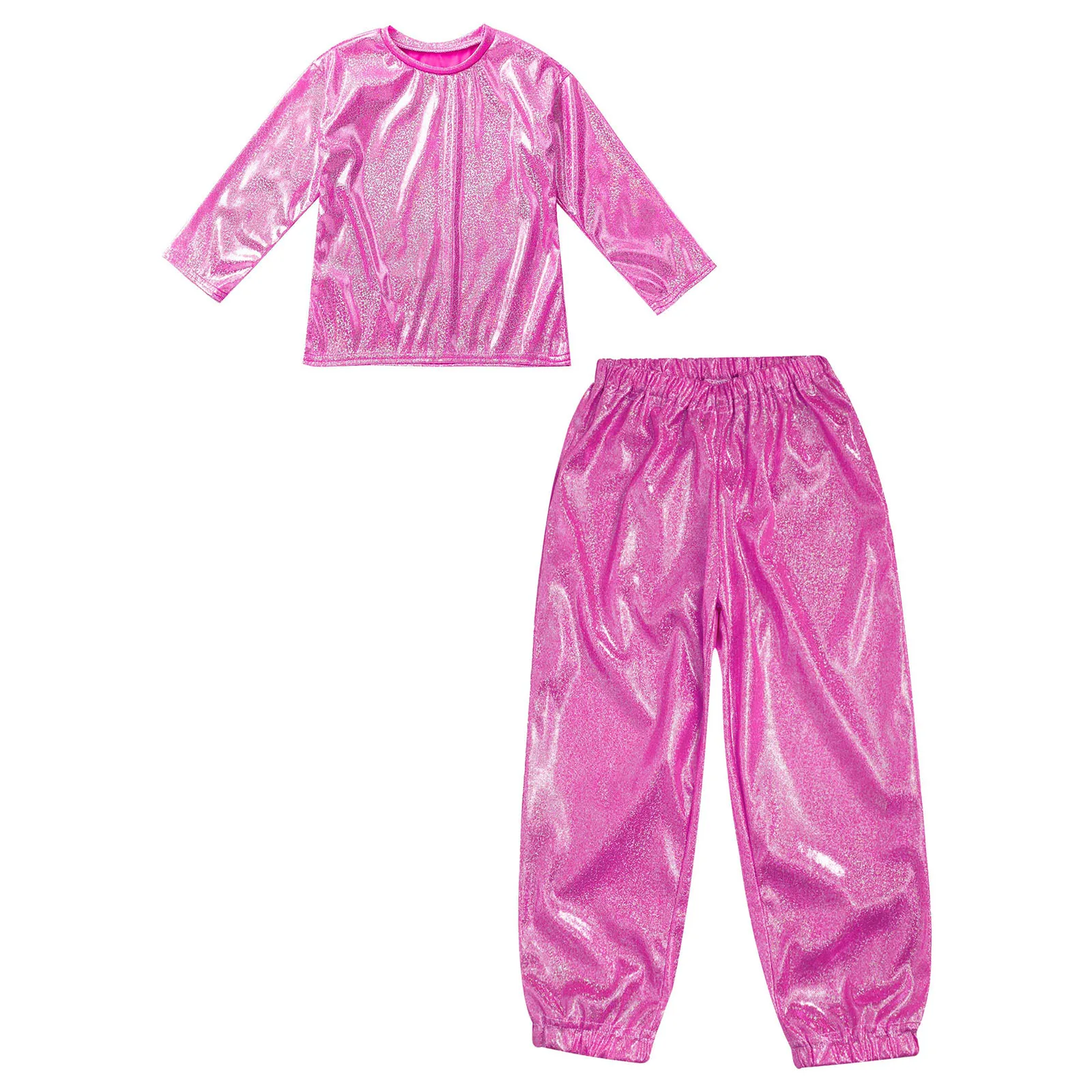 Kids Metallic Hip Hop Jazz Street Dance Stage Performance Costume Set Shiny T-shirt with Pants School Show Birthday Party Outfit