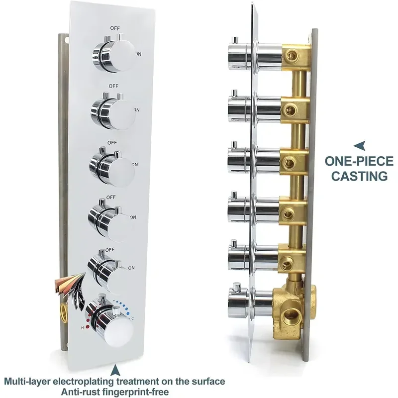 Chrome Brass 5 Way Shower Diverter Valve Thermostatic Mixing Faucet for Bathroom Rainfall Handheld Spray Head Set Control