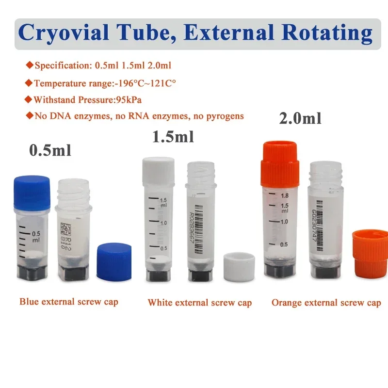 100pcs LABSELECT 0.5ml 1.5ml 2ml Cryovial Tubes 2D Cryotubes, External Rotating Vial Freezing Tubes Blue Orange White Screw Cap