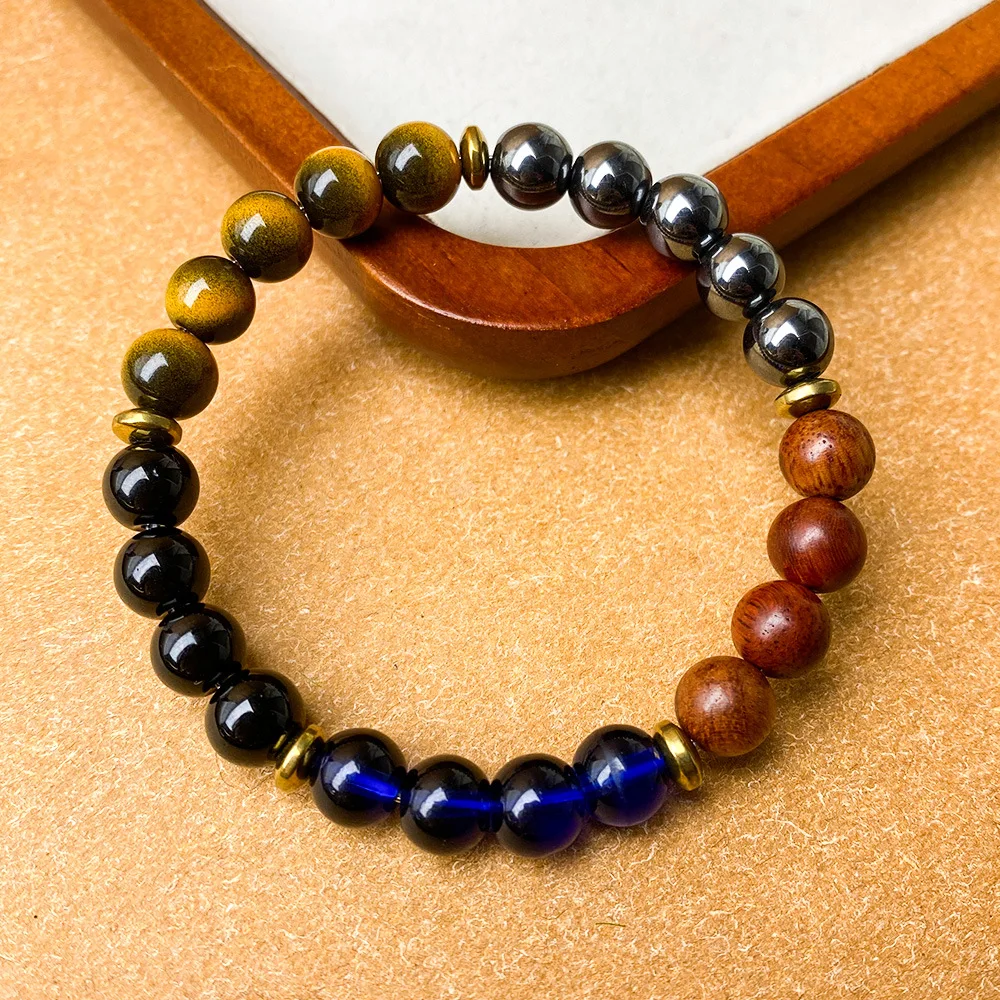 New Attract Wealth and Prosperity Bracelet with Tiger Eye Stone and Lapis Lazuli Natural Wood Beads Handmade Bracelet Men Women