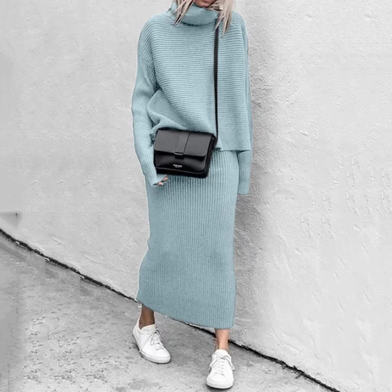 Two Piece Skirt Sets Knit Sweaters Spliced Full Sleeve Turtleneck Long Skirts Suits A Line Matching Set Solid Loose Fit Sports