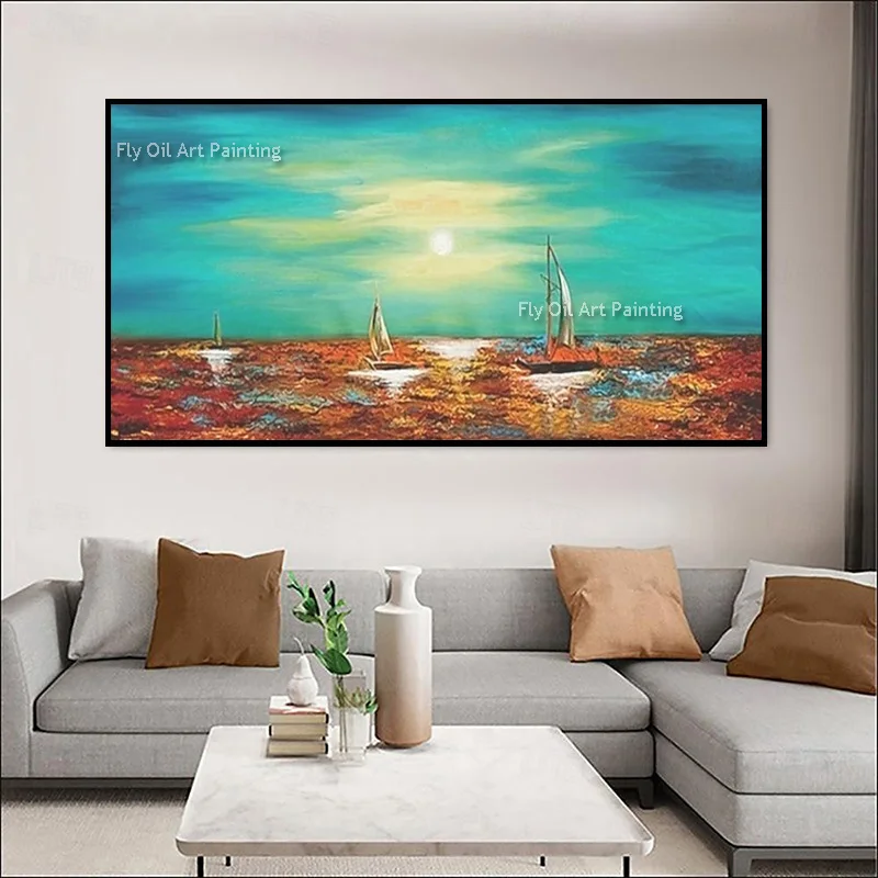 Thick Textured Hand Painted Ocean Sailboat Art, Teal Sunset Oil Canvas, Sofa Background Nautical Decor