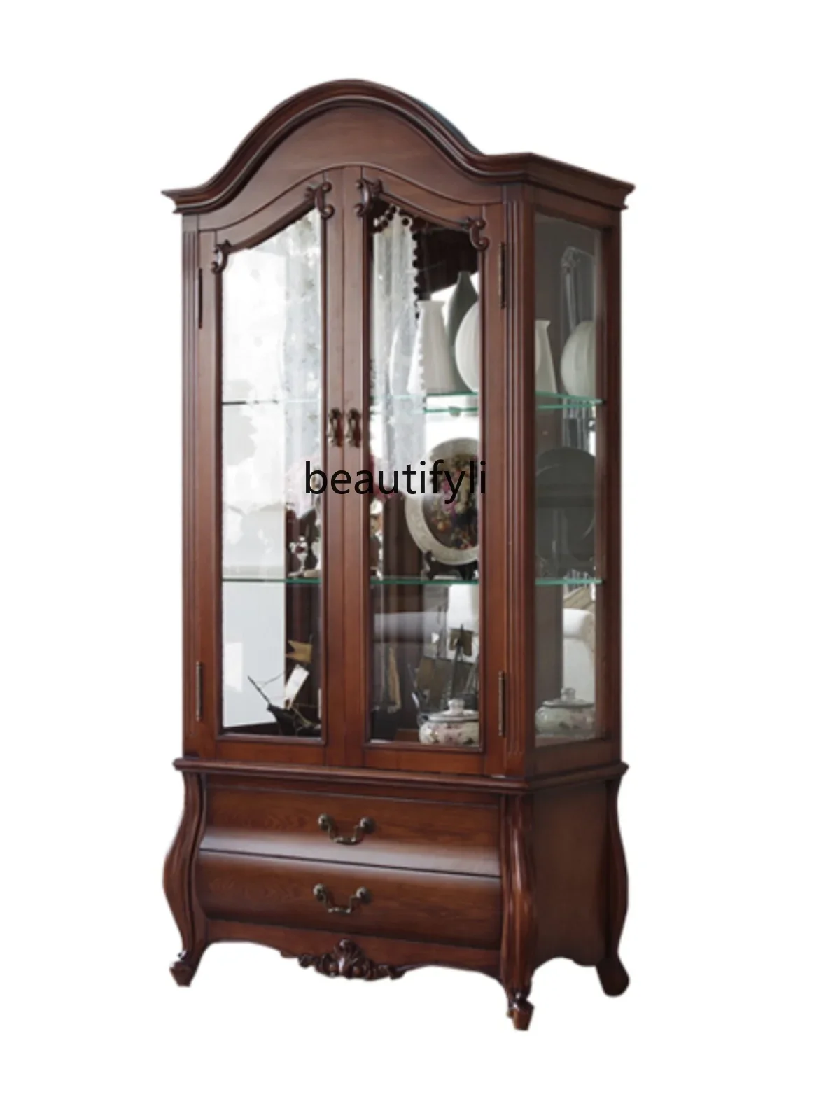 American Retro Living Room Wine Cabinet Double Door TV Wall Combination Solid Wood Glass Cabinet