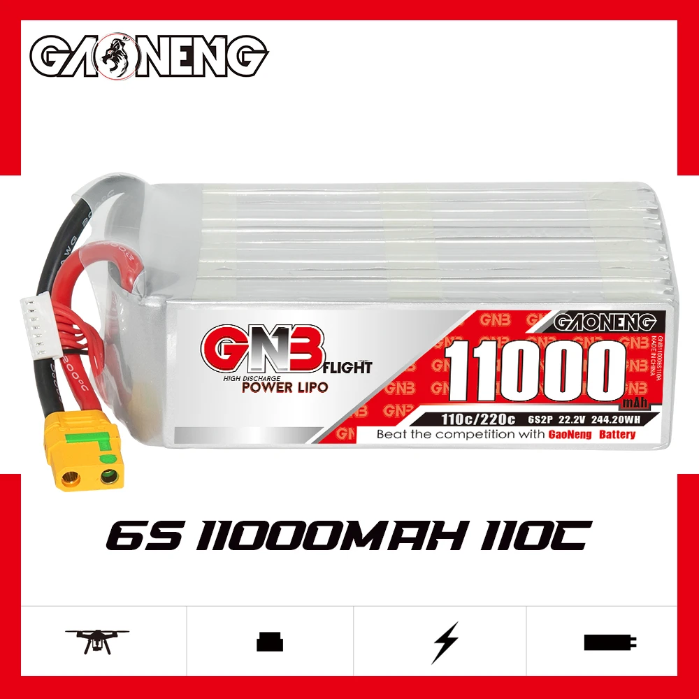 

GAONENG GNB 11AH 11000MAH 6S 22.2V 110C 220C XT90 RC LiPo Battery Helicopters Large Scale Airplane Drone