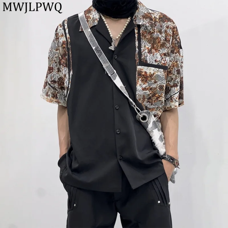 

MWJLPWQ 2025 New Lace Printed Design Shirts Male High Street Patchwork Casual Short Sleeve Clothing Unisex Loose Fit Tops 11679