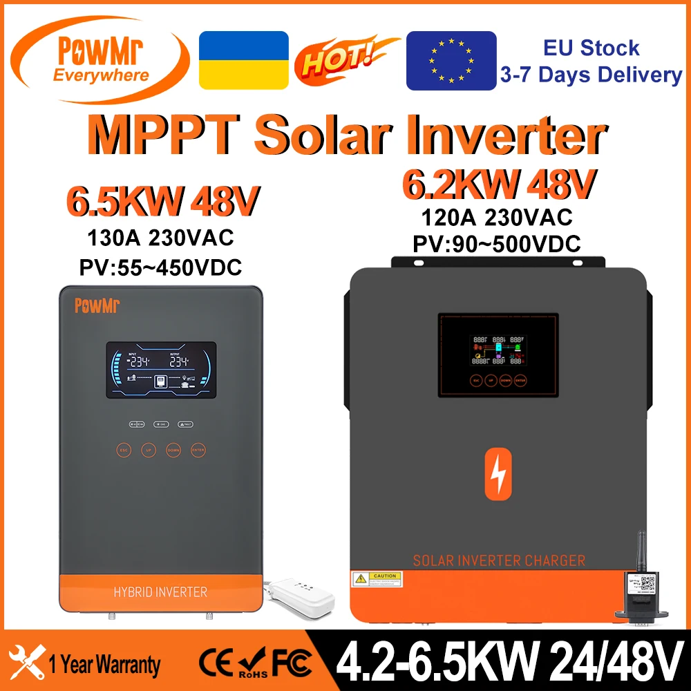 PowMr 6.5KW 4.5KW 6.2KW 4.2KW Hybrid Solar Inverter 48V 24V to 230VAC With Wifi MPPT 150A 130A 120A Charger Can Work No Battery