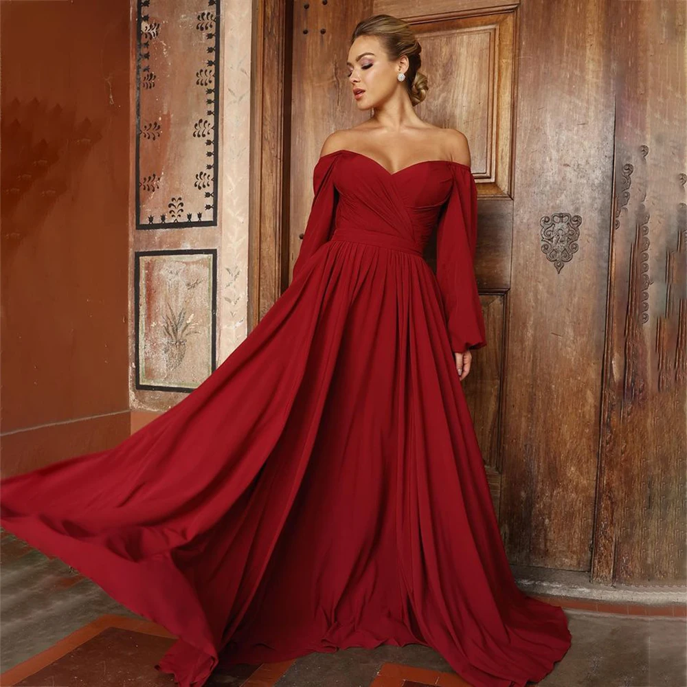 

Laxsesu Burgundy A-Line Prom Dresses Elegant Off Shoulder Long Sleeves Chiffon Evening Dress Zipper Back Formal Prom Gowns 2022