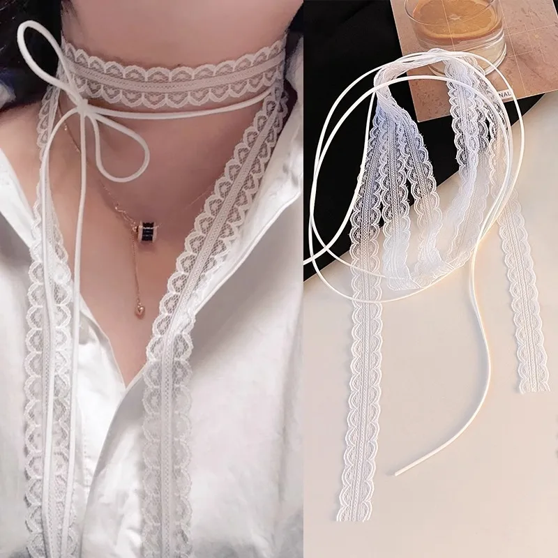 

White/Black Lace Necklace Verstile Long Ribbon Layered Clavicle Chain Choker for Girls Daily Wear Neck Decoration Jewelry Gift