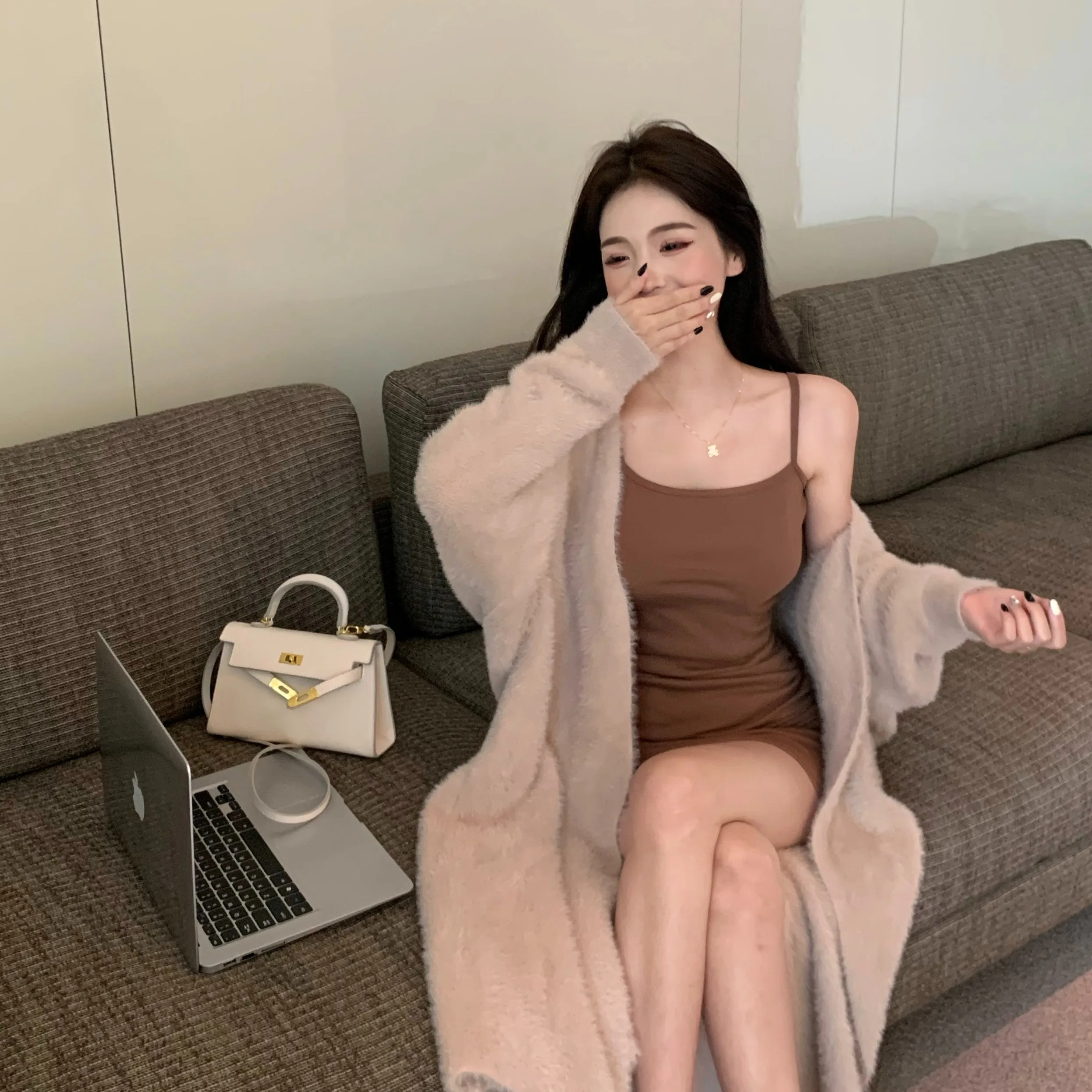 

Корейский Sle Faionable, свободный кардиган с разрезом, свитер, пальто средней длины, осенне-зимняя женская одежда, модный дизайн