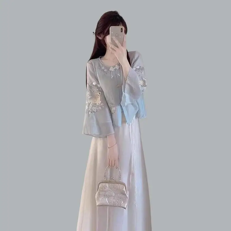 Summer New Women Clothing New Chinese Style Fashion Chinese Style Set Elegant Temperament Tops Half Body Long Skirt Two Pieceset
