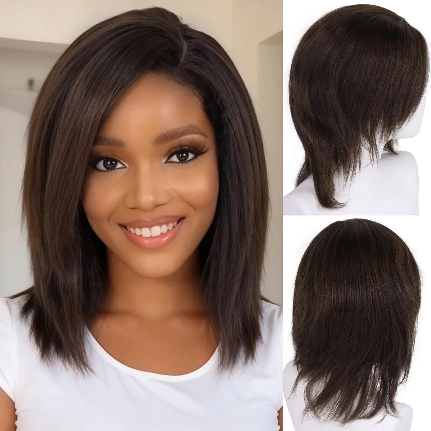 

Синтетический 16-дюймовый прямой парик до плеч с челкой, темно-коричневый парик для чернокожих женщин, повседневный косплей, Хэллоуин, естественный вид