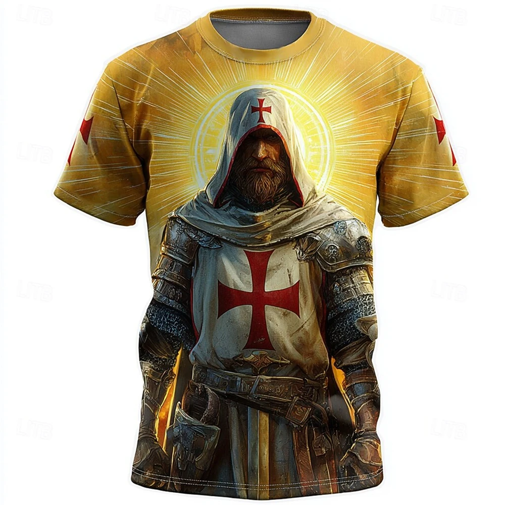 Camiseta Masculina Estampada em 3D Cavaleiros Cruzados, Estilo Hip Hop, Camisetas Casuais de Verão, Gola Redonda, Manga Curta, Moda